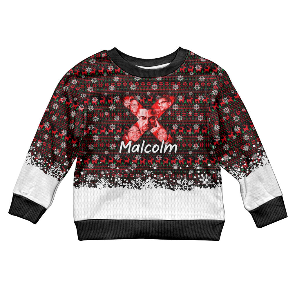 Malcolm X Christmas Kid Ugly Christmas Sweater Retro Knitted Pattern Holiday Wreath Civil Rights Leader