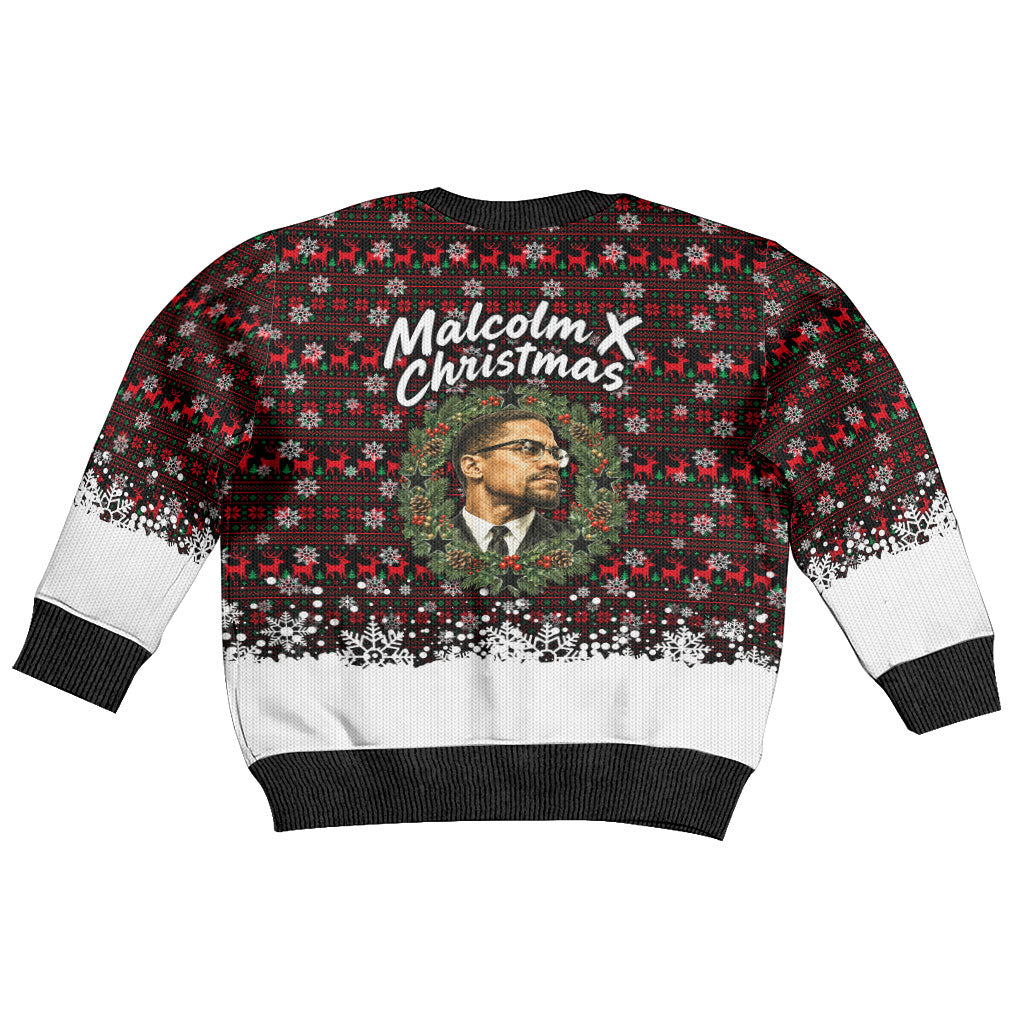 Malcolm X Christmas Kid Ugly Christmas Sweater Retro Knitted Pattern Holiday Wreath Civil Rights Leader
