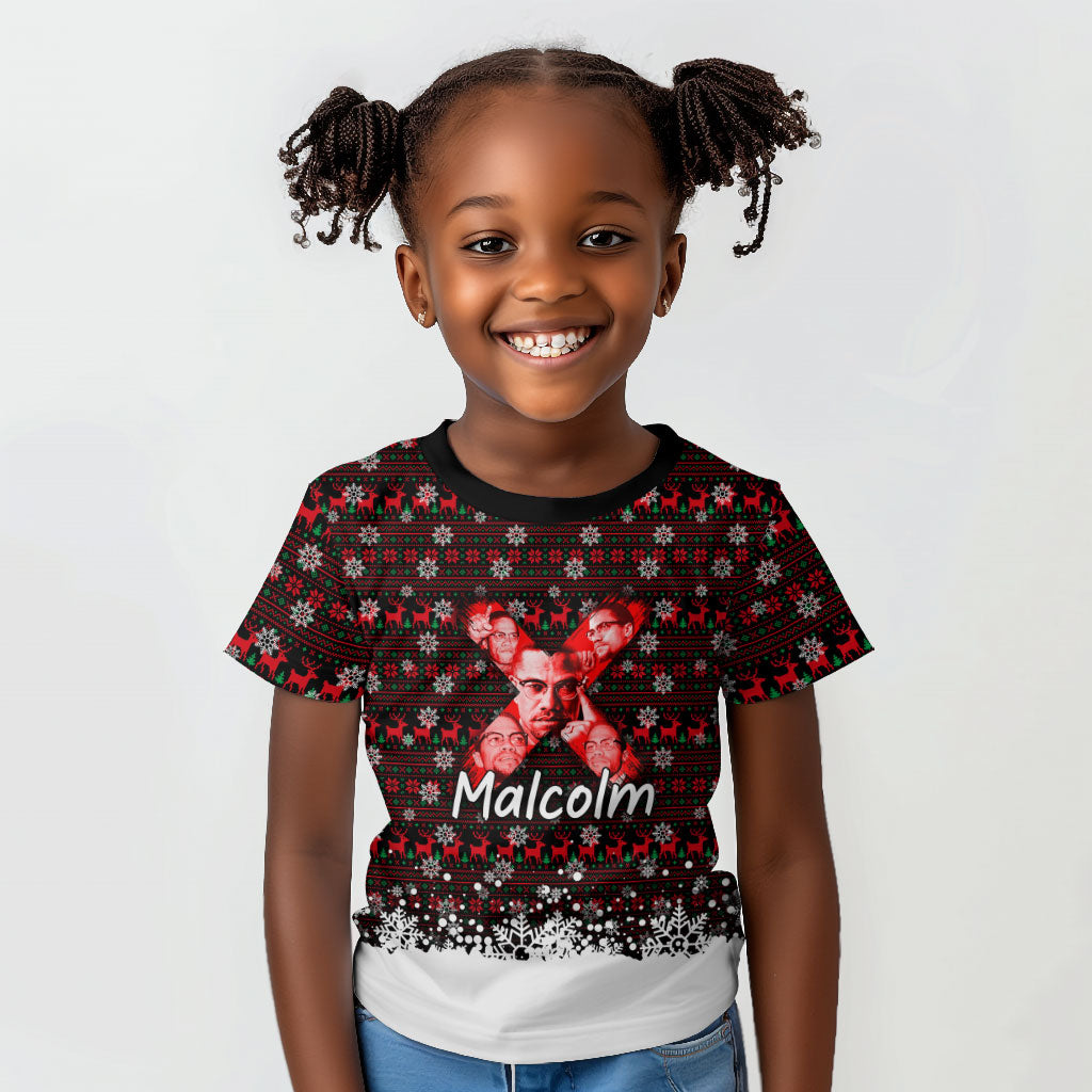 Malcolm X Christmas Kid T shirt Retro Knitted Pattern Holiday Wreath Civil Rights Leader