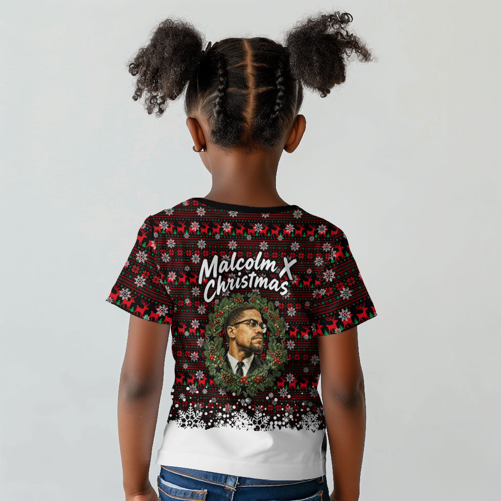 Malcolm X Christmas Kid T shirt Retro Knitted Pattern Holiday Wreath Civil Rights Leader