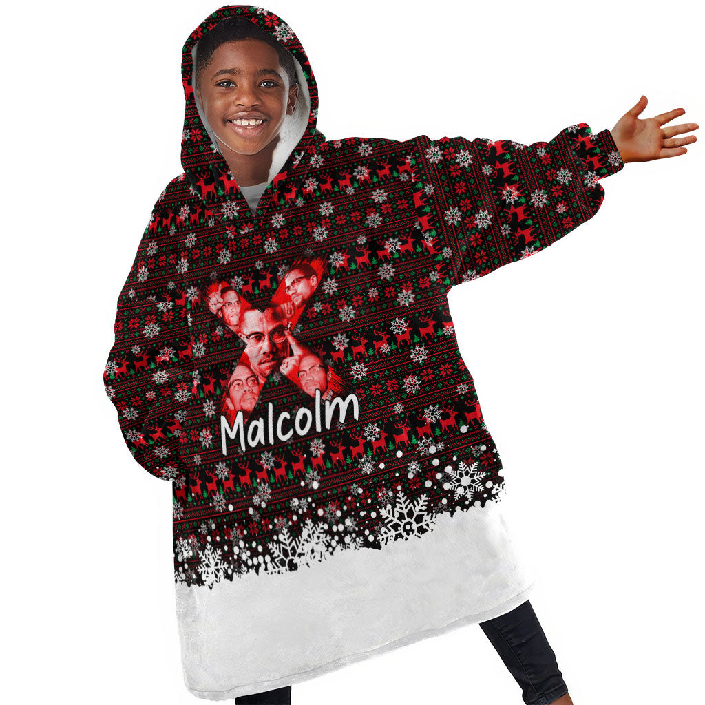 Malcolm X Christmas Kid Wearable Blanket Hoodie Retro Knitted Pattern Holiday Wreath Civil Rights Leader