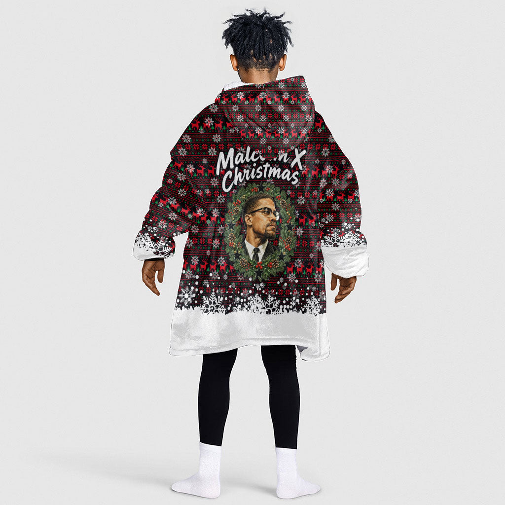 Malcolm X Christmas Kid Wearable Blanket Hoodie Retro Knitted Pattern Holiday Wreath Civil Rights Leader