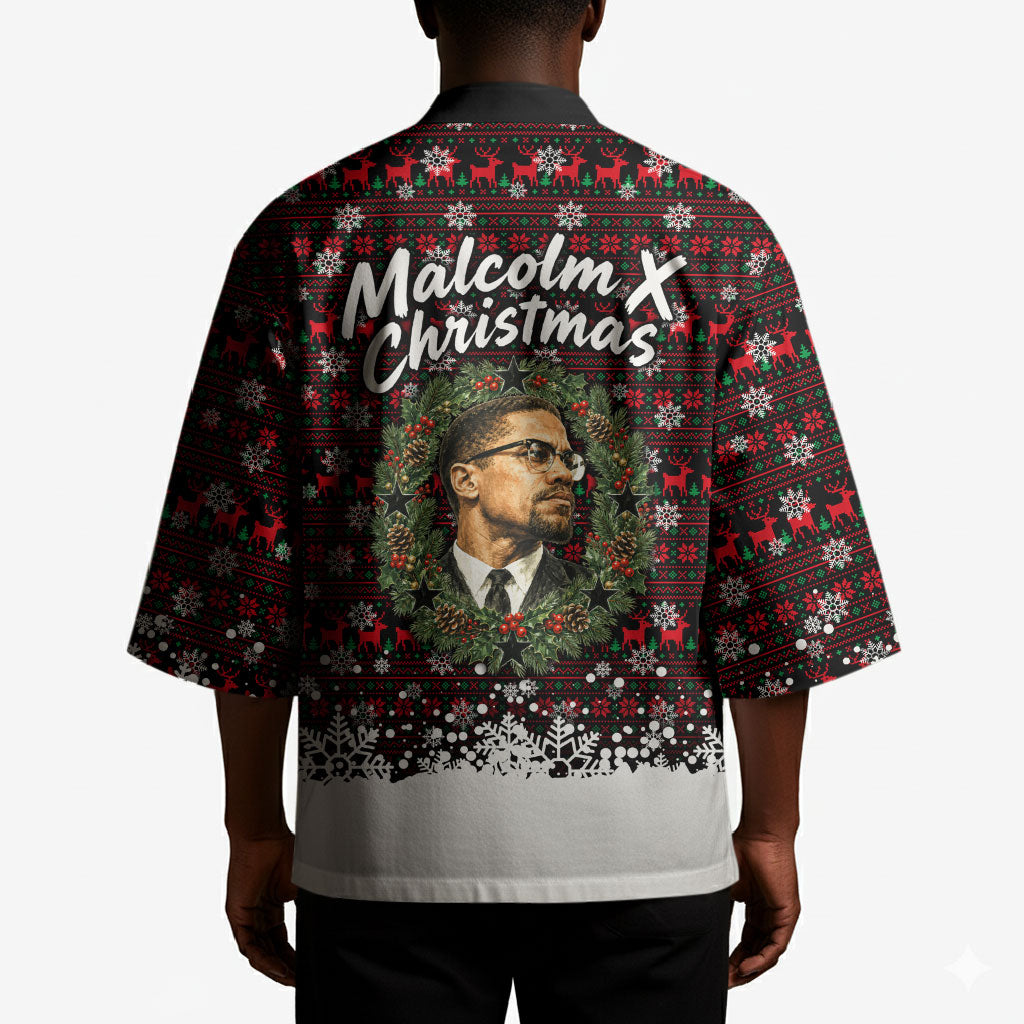 Malcolm X Christmas Kimono Retro Knitted Pattern Holiday Wreath Civil Rights Leader