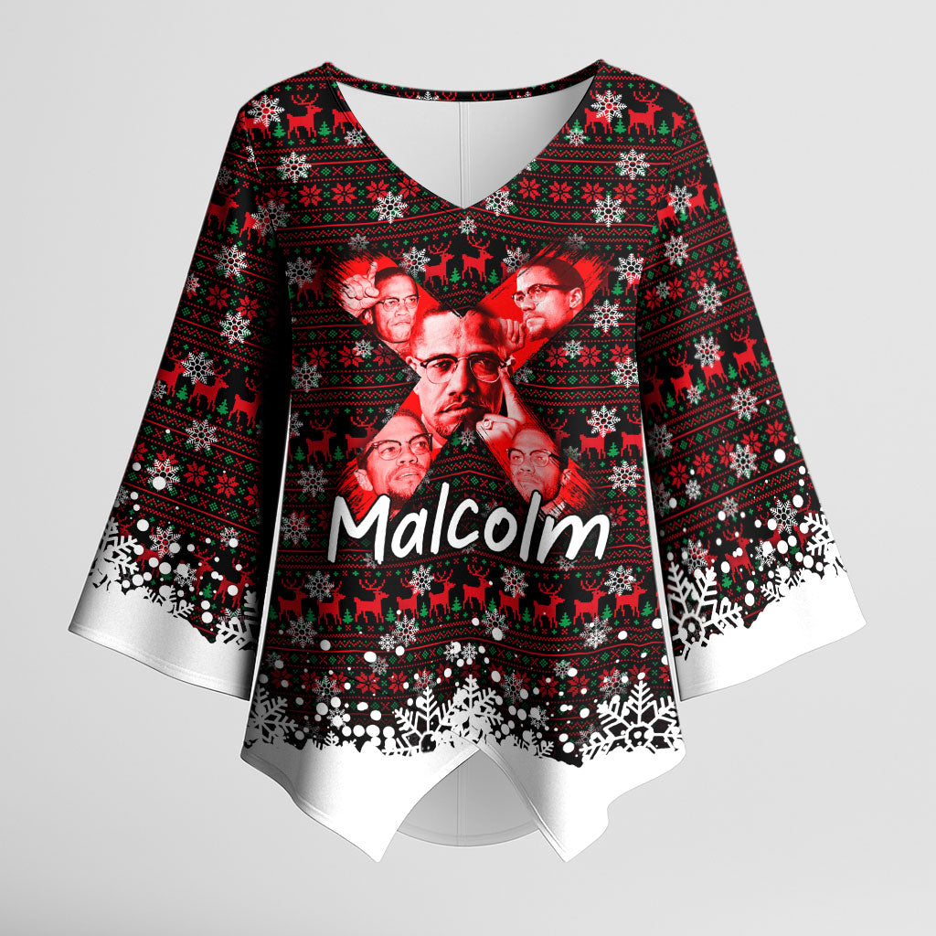 Malcolm X Christmas Kimono Sleeve Blouse Retro Knitted Pattern Holiday Wreath Civil Rights Leader