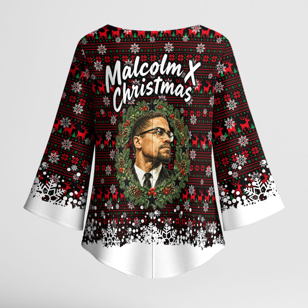 Malcolm X Christmas Kimono Sleeve Blouse Retro Knitted Pattern Holiday Wreath Civil Rights Leader