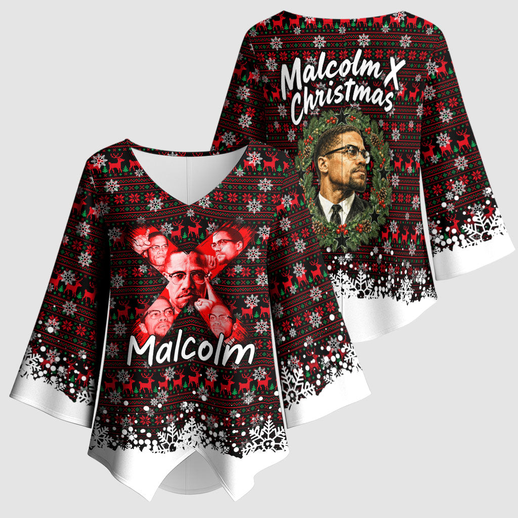 Malcolm X Christmas Kimono Sleeve Blouse Retro Knitted Pattern Holiday Wreath Civil Rights Leader