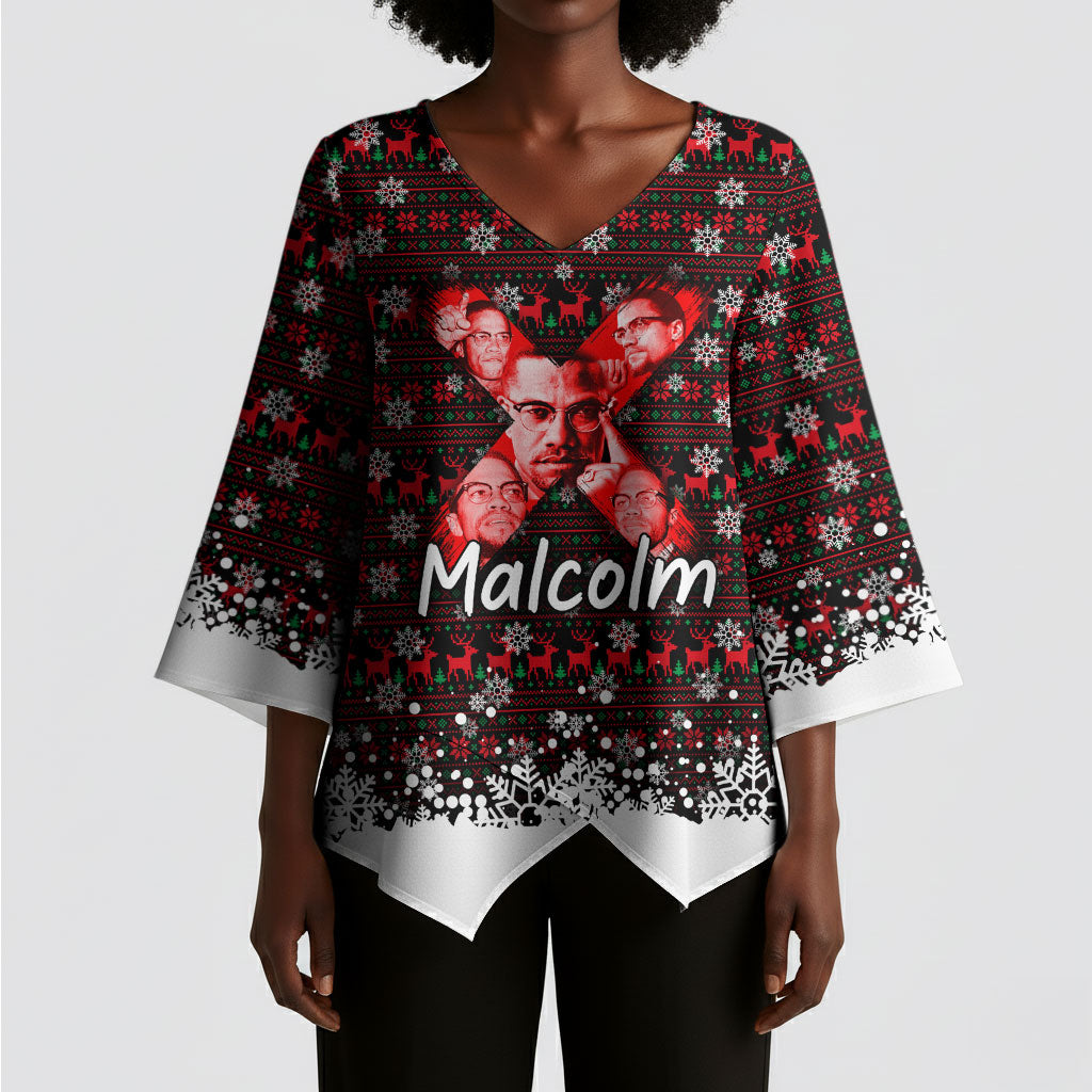 Malcolm X Christmas Kimono Sleeve Blouse Retro Knitted Pattern Holiday Wreath Civil Rights Leader