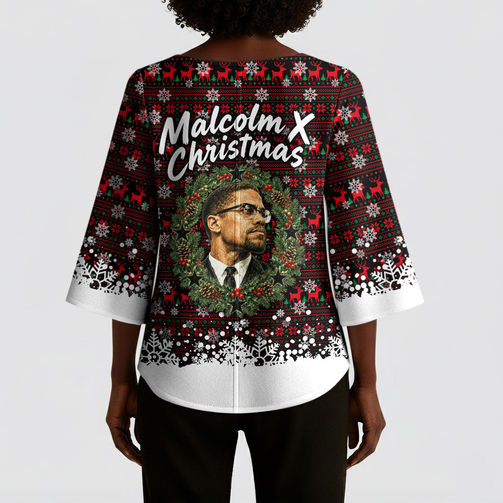 Malcolm X Christmas Kimono Sleeve Blouse Retro Knitted Pattern Holiday Wreath Civil Rights Leader