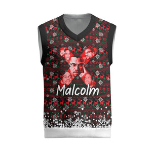 Malcolm X Christmas Knitted V-Neck Vest Retro Knitted Pattern Holiday Wreath Civil Rights Leader