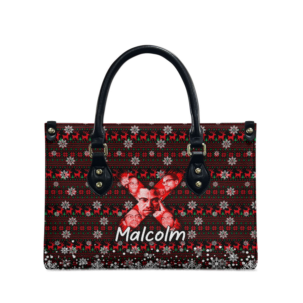 Malcolm X Christmas Leather Bag Retro Knitted Pattern Holiday Wreath Civil Rights Leader