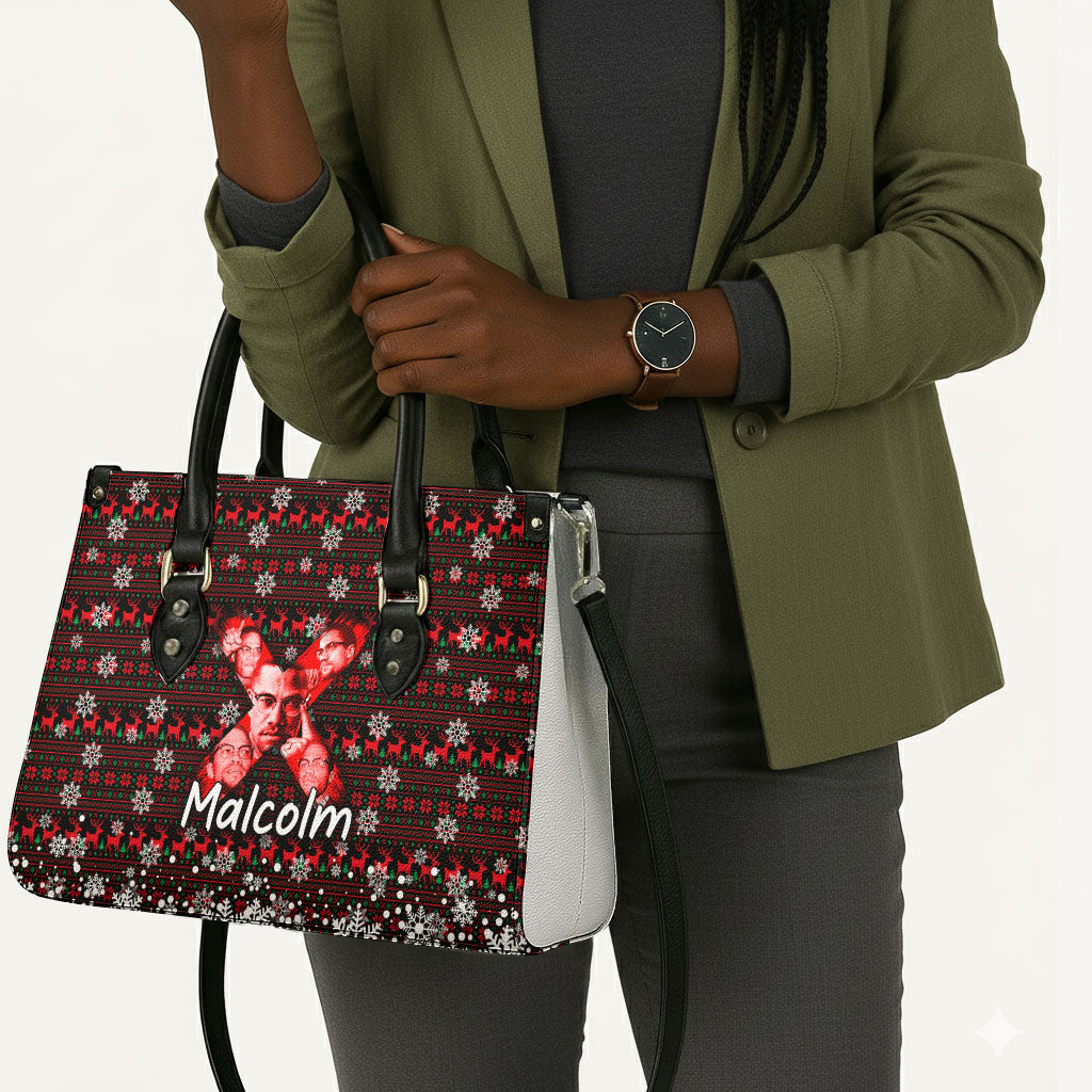 Malcolm X Christmas Leather Bag Retro Knitted Pattern Holiday Wreath Civil Rights Leader