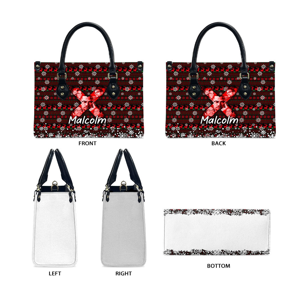 Malcolm X Christmas Leather Bag Retro Knitted Pattern Holiday Wreath Civil Rights Leader