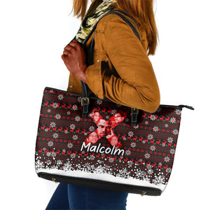 Malcolm X Christmas Leather Tote Bag Retro Knitted Pattern Holiday Wreath Civil Rights Leader