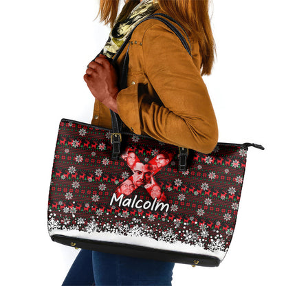 Malcolm X Christmas Leather Tote Bag Retro Knitted Pattern Holiday Wreath Civil Rights Leader
