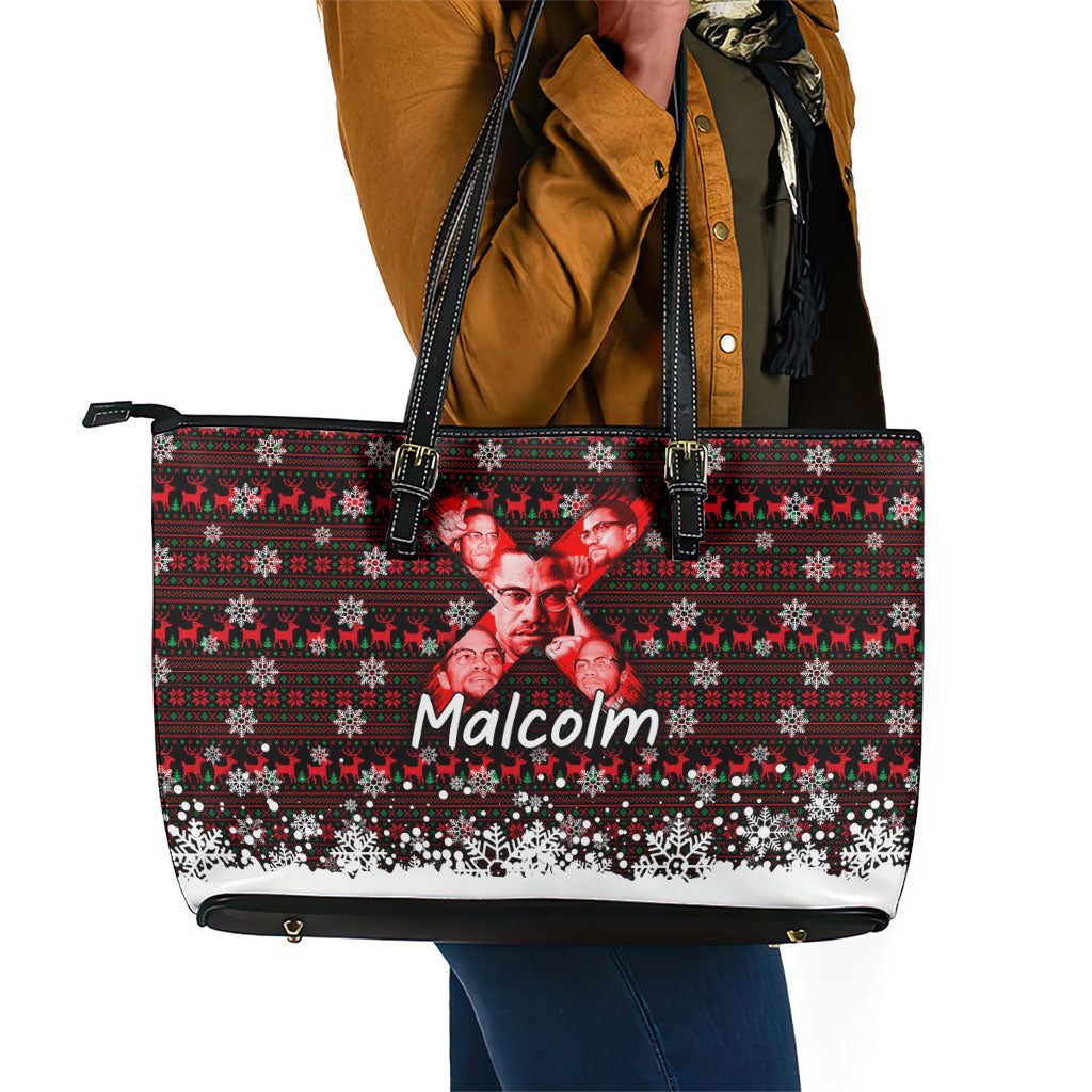 Malcolm X Christmas Leather Tote Bag Retro Knitted Pattern Holiday Wreath Civil Rights Leader