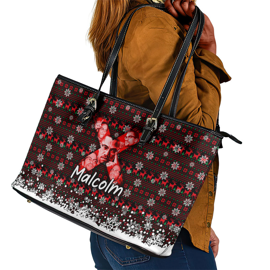 Malcolm X Christmas Leather Tote Bag Retro Knitted Pattern Holiday Wreath Civil Rights Leader