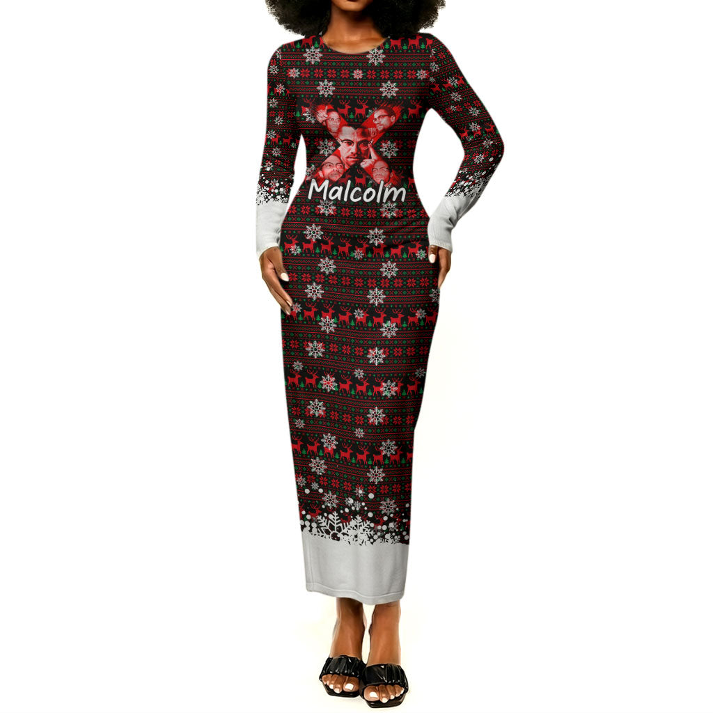 Malcolm X Christmas Long Sleeve Bodycon Dress Retro Knitted Pattern Holiday Wreath Civil Rights Leader
