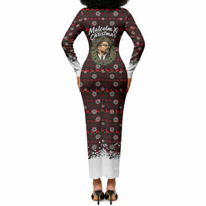 Malcolm X Christmas Long Sleeve Bodycon Dress Retro Knitted Pattern Holiday Wreath Civil Rights Leader