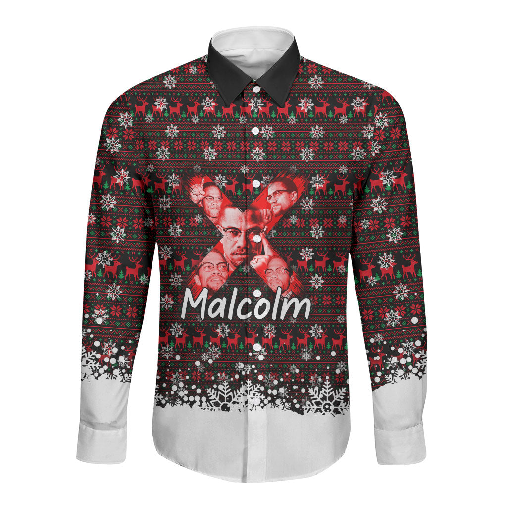 Malcolm X Christmas Long Sleeve Button Shirt Retro Knitted Pattern Holiday Wreath Civil Rights Leader