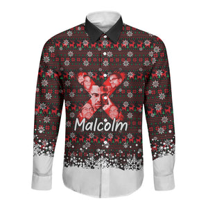 Malcolm X Christmas Long Sleeve Button Shirt Retro Knitted Pattern Holiday Wreath Civil Rights Leader