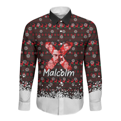 Malcolm X Christmas Long Sleeve Button Shirt Retro Knitted Pattern Holiday Wreath Civil Rights Leader
