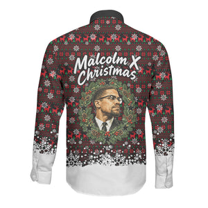 Malcolm X Christmas Long Sleeve Button Shirt Retro Knitted Pattern Holiday Wreath Civil Rights Leader
