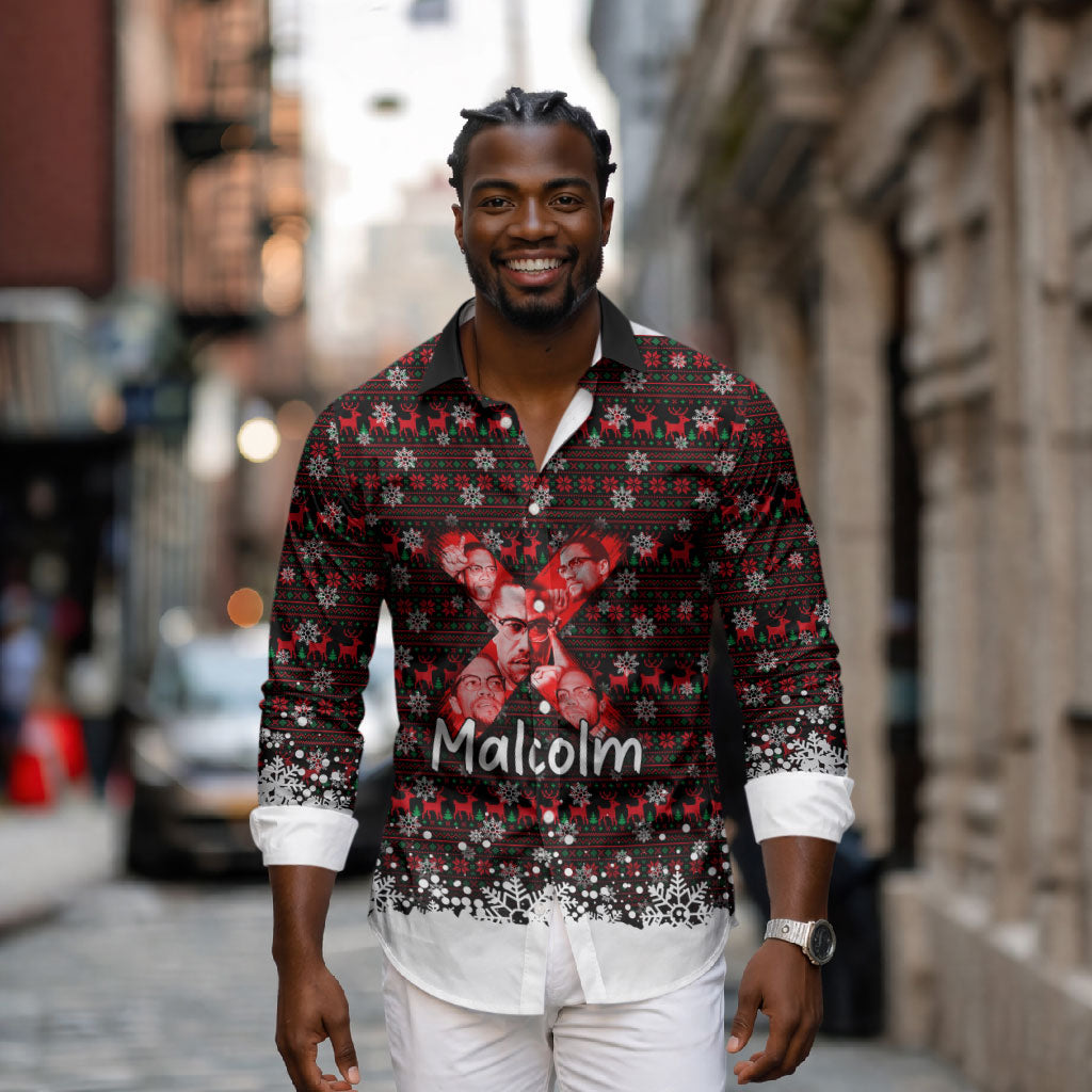 Malcolm X Christmas Long Sleeve Button Shirt Retro Knitted Pattern Holiday Wreath Civil Rights Leader