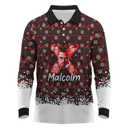 Malcolm X Christmas Long Sleeve Polo Shirt Retro Knitted Pattern Holiday Wreath Civil Rights Leader