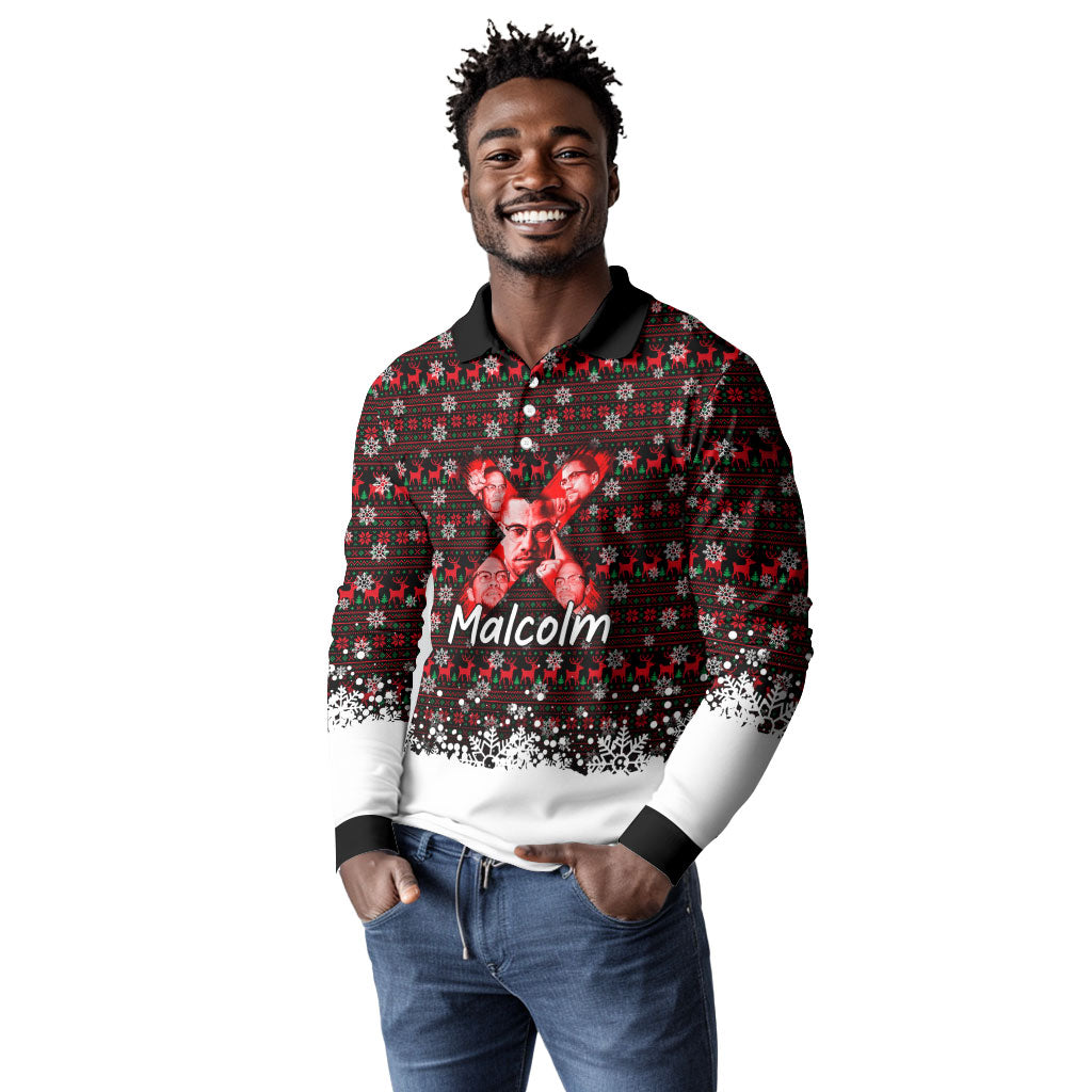 Malcolm X Christmas Long Sleeve Polo Shirt Retro Knitted Pattern Holiday Wreath Civil Rights Leader