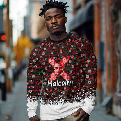 Malcolm X Christmas Long Sleeve Shirt Retro Knitted Pattern Holiday Wreath Civil Rights Leader
