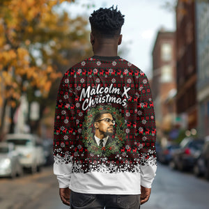 Malcolm X Christmas Long Sleeve Shirt Retro Knitted Pattern Holiday Wreath Civil Rights Leader