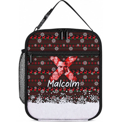 Malcolm X Christmas Lunch Bag Retro Knitted Pattern Holiday Wreath Civil Rights Leader