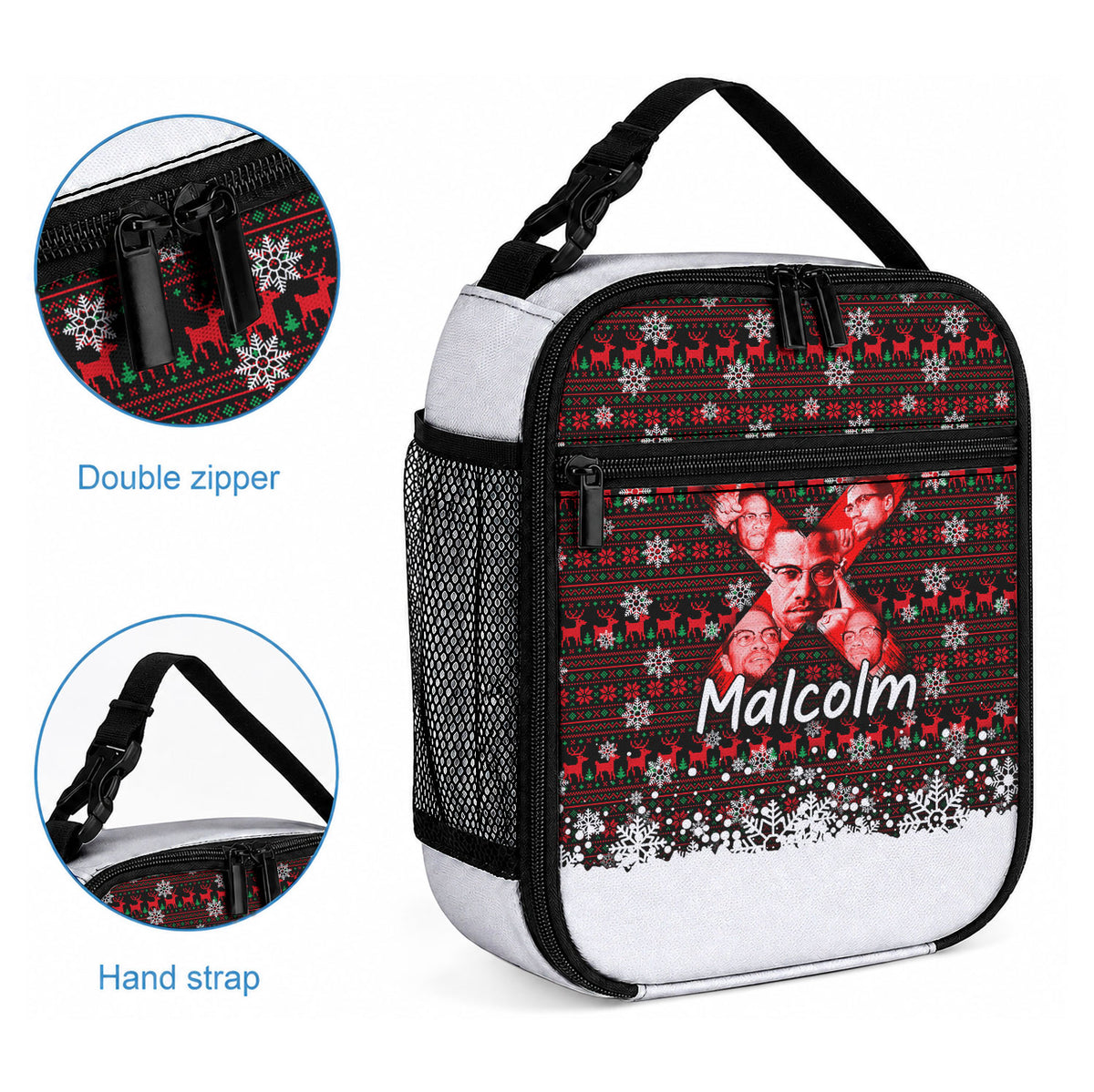 Malcolm X Christmas Lunch Bag Retro Knitted Pattern Holiday Wreath Civil Rights Leader