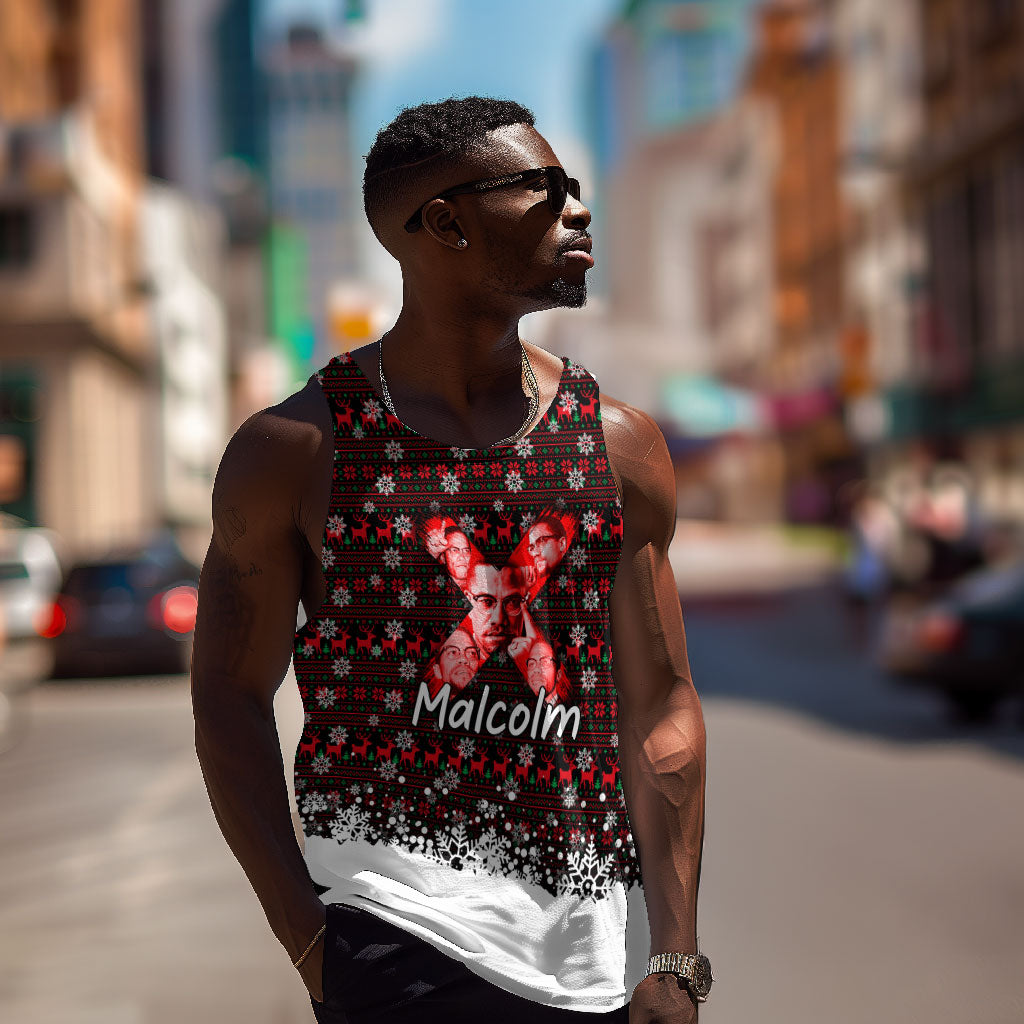 Malcolm X Christmas Men Tank Top Retro Knitted Pattern Holiday Wreath Civil Rights Leader