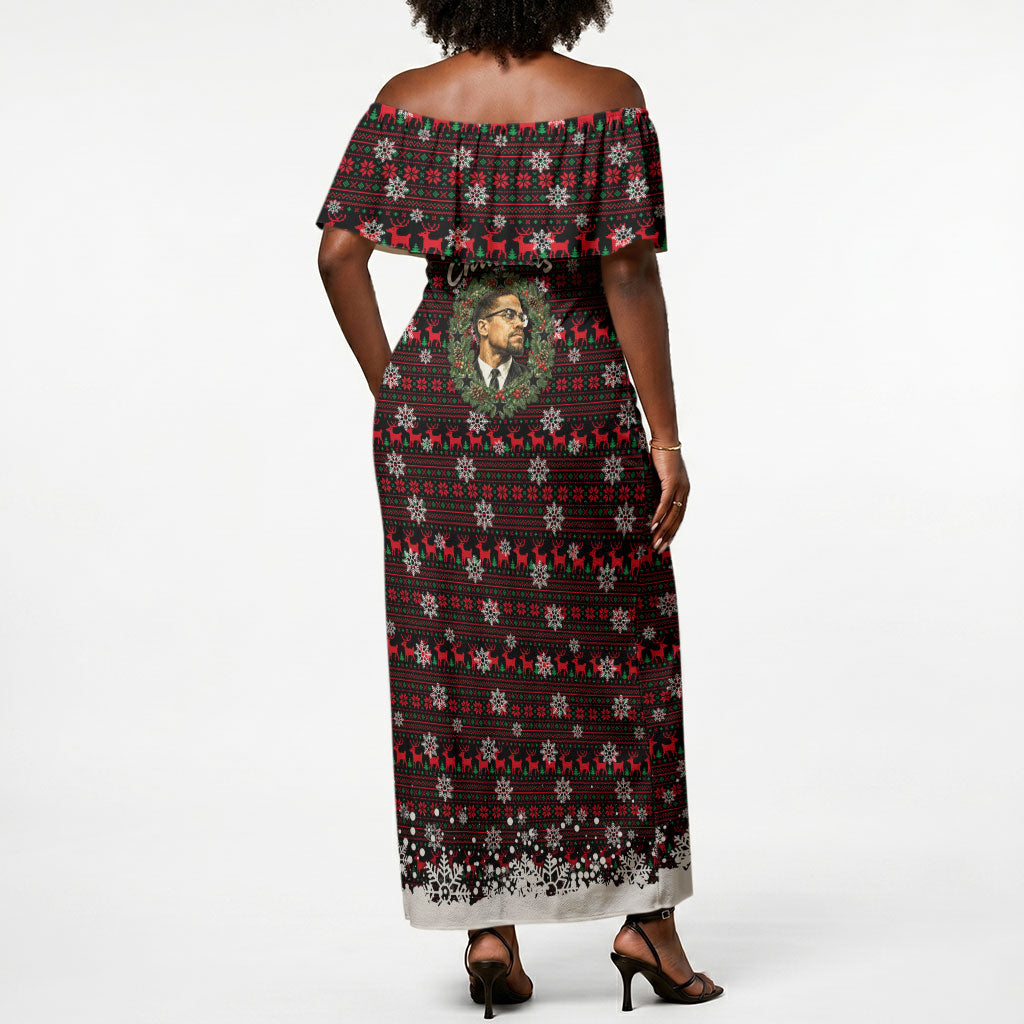 Malcolm X Christmas Off Shoulder Maxi Dress Retro Knitted Pattern Holiday Wreath Civil Rights Leader
