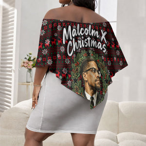 Malcolm X Christmas Off Shoulder Short Dress Retro Knitted Pattern Holiday Wreath Civil Rights Leader