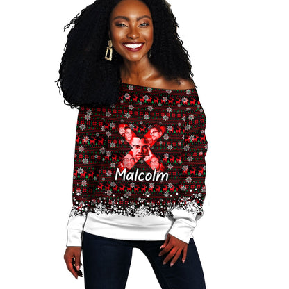 Malcolm X Christmas Off Shoulder Sweater Retro Knitted Pattern Holiday Wreath Civil Rights Leader