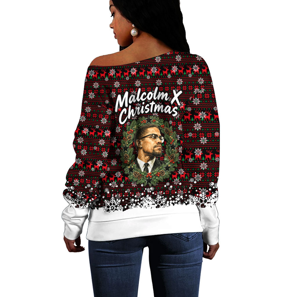 Malcolm X Christmas Off Shoulder Sweater Retro Knitted Pattern Holiday Wreath Civil Rights Leader