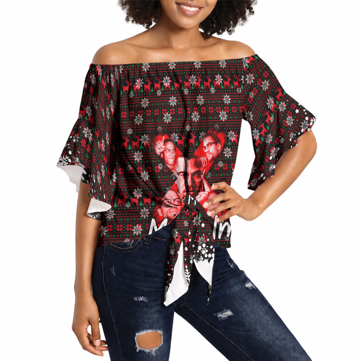 Malcolm X Christmas Off Shoulder Wrap Waist Top Retro Knitted Pattern Holiday Wreath Civil Rights Leader