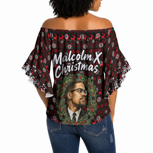 Malcolm X Christmas Off Shoulder Wrap Waist Top Retro Knitted Pattern Holiday Wreath Civil Rights Leader