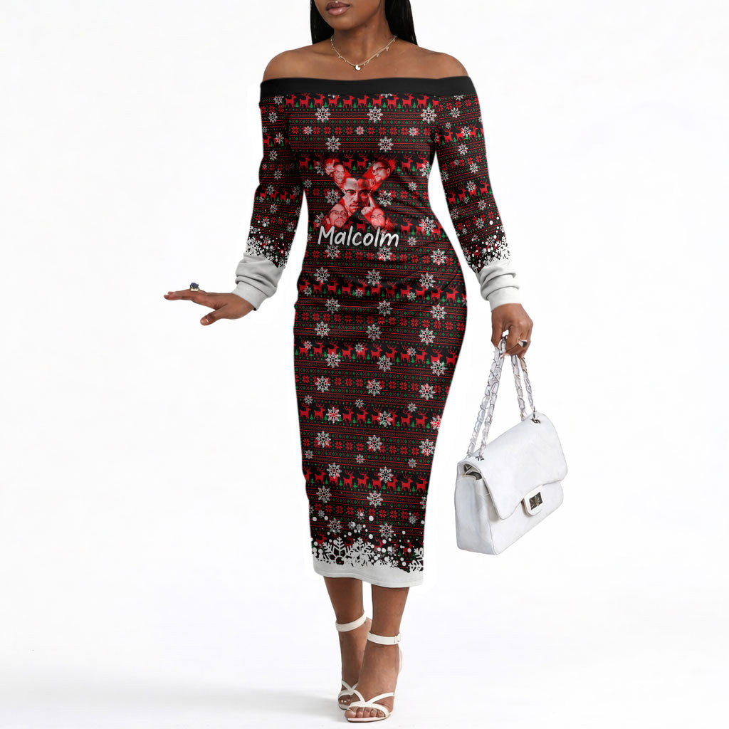 Malcolm X Christmas Off The Shoulder Long Sleeve Dress Retro Knitted Pattern Holiday Wreath Civil Rights Leader