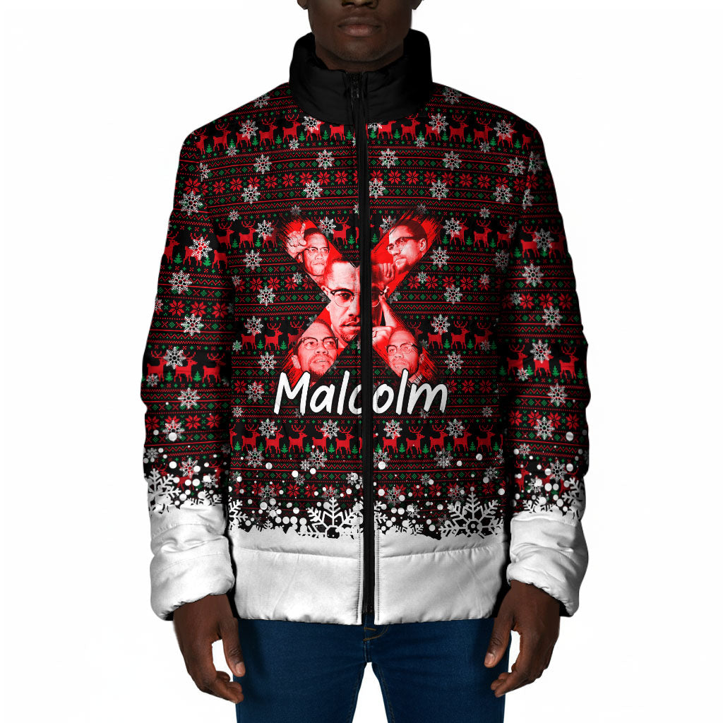 Malcolm X Christmas Padded Jacket Retro Knitted Pattern Holiday Wreath Civil Rights Leader