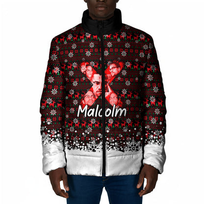 Malcolm X Christmas Padded Jacket Retro Knitted Pattern Holiday Wreath Civil Rights Leader