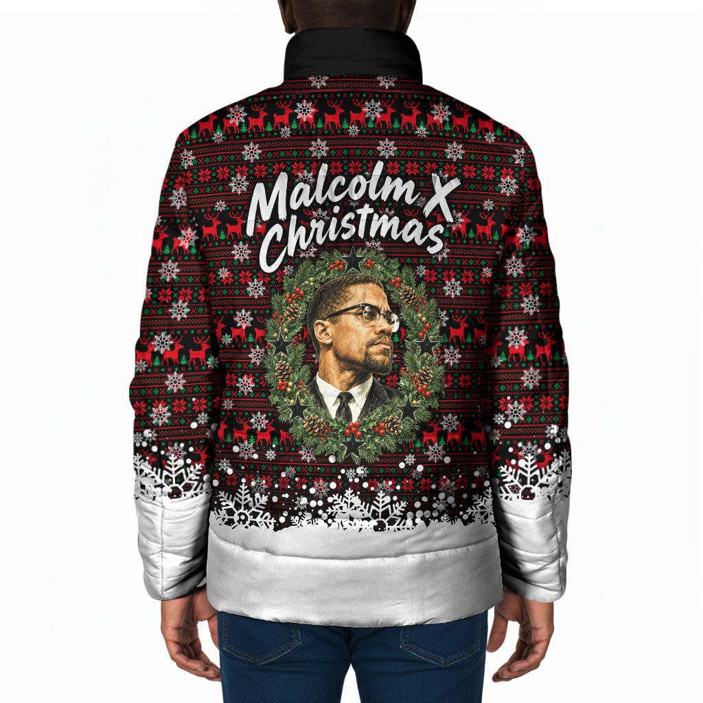 Malcolm X Christmas Padded Jacket Retro Knitted Pattern Holiday Wreath Civil Rights Leader