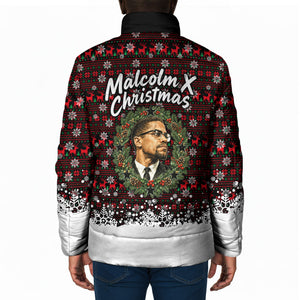 Malcolm X Christmas Padded Jacket Retro Knitted Pattern Holiday Wreath Civil Rights Leader
