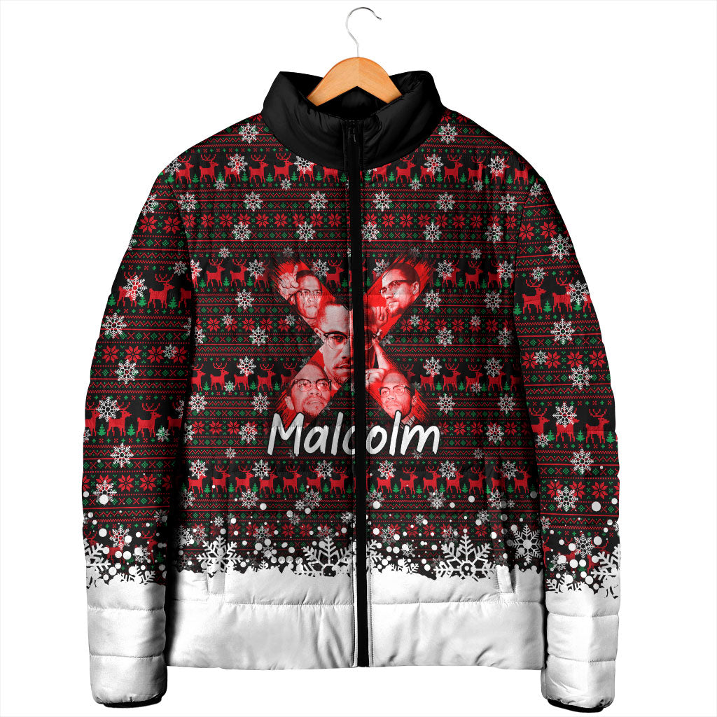 Malcolm X Christmas Padded Jacket Retro Knitted Pattern Holiday Wreath Civil Rights Leader