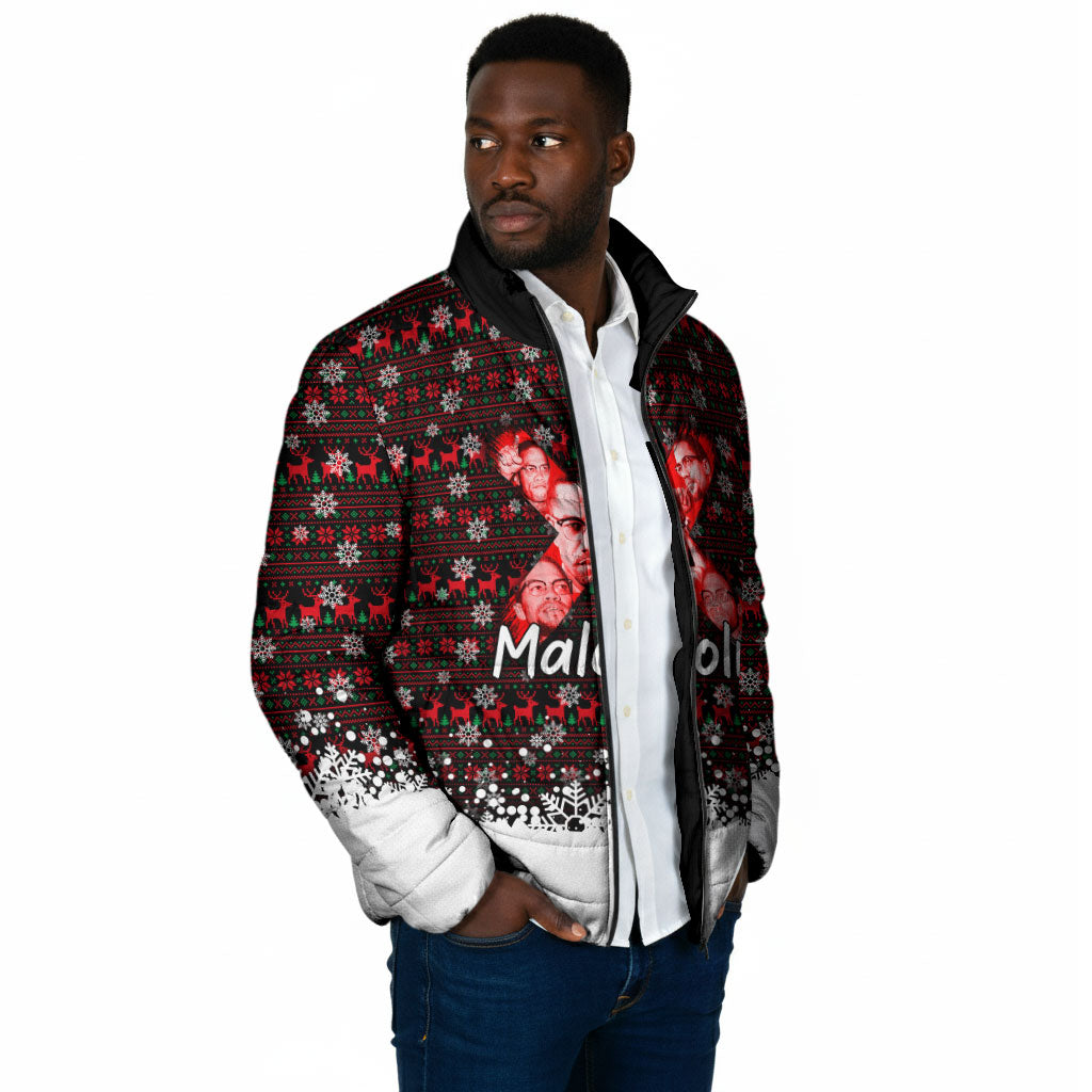 Malcolm X Christmas Padded Jacket Retro Knitted Pattern Holiday Wreath Civil Rights Leader