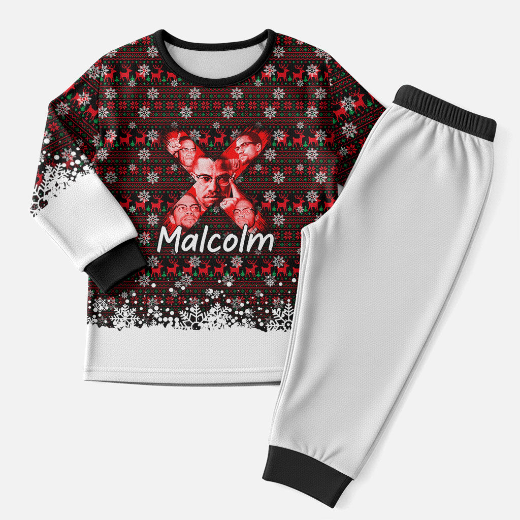 Malcolm X Christmas Pajama Set Retro Knitted Pattern Holiday Wreath Civil Rights Leader