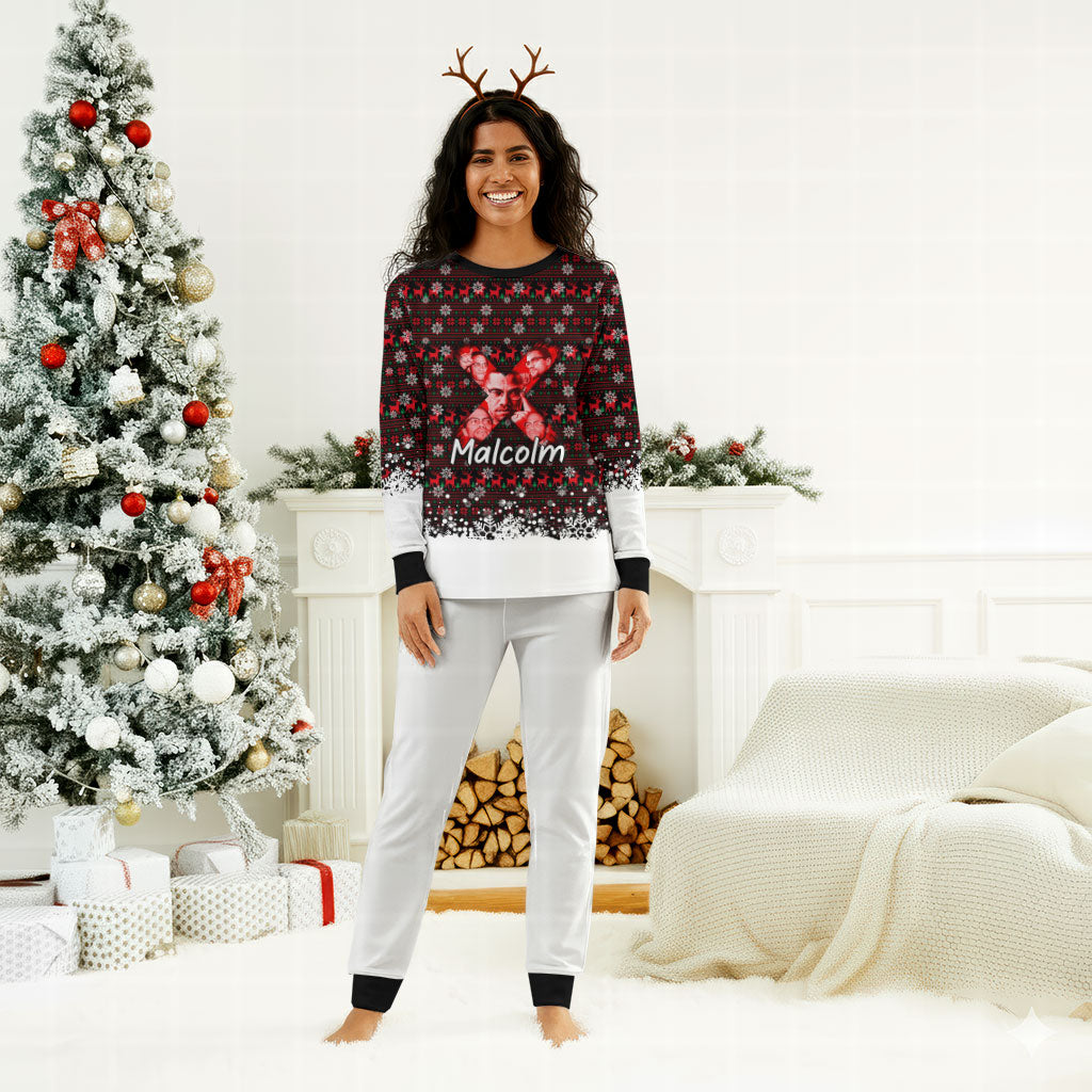 Malcolm X Christmas Pajama Set Retro Knitted Pattern Holiday Wreath Civil Rights Leader