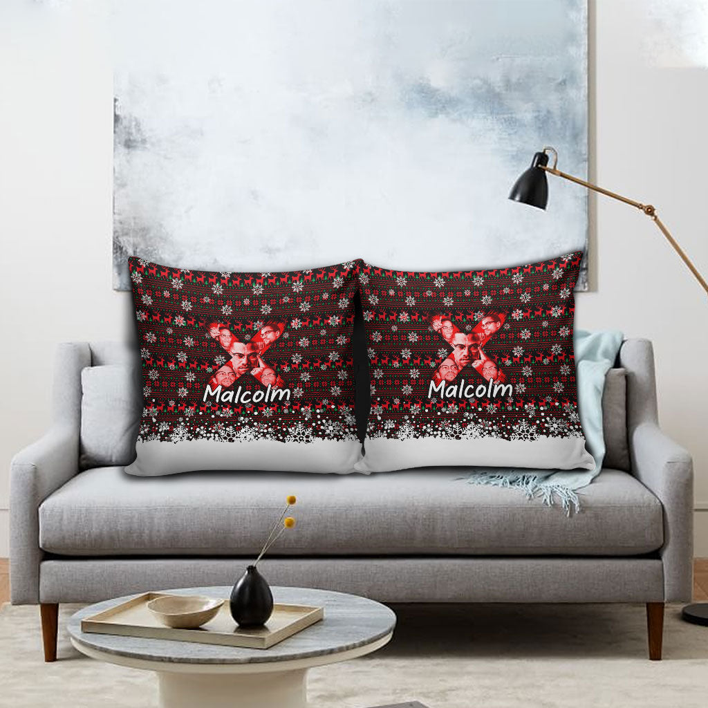 Malcolm X Christmas Pillow Cover Retro Knitted Pattern Holiday Wreath Civil Rights Leader